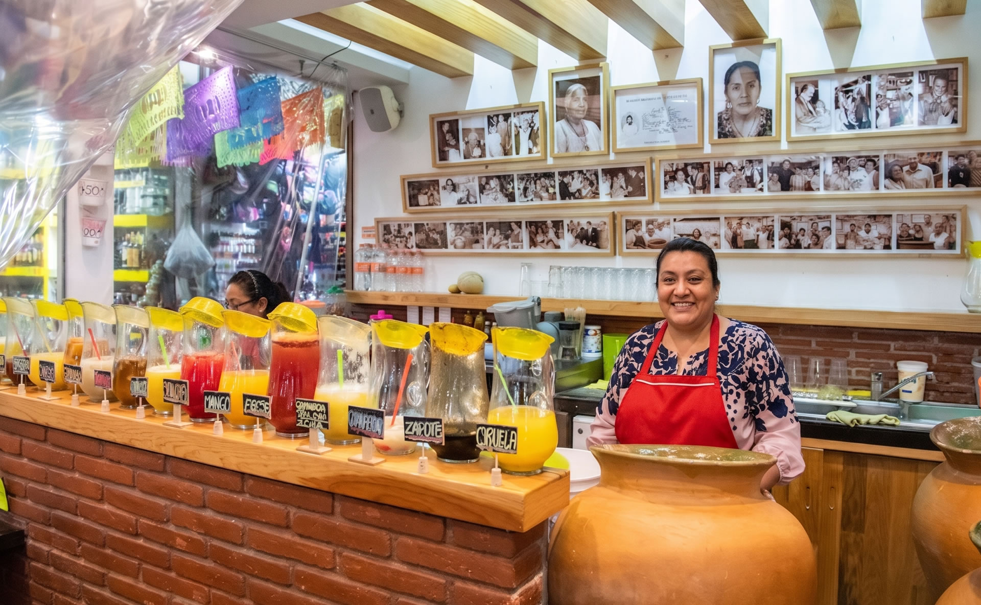 The welcoming counter at Aguas Frescas Casilda inside Mercado Benito Juárez, with rows of colorful pitchers, giant clay ollas, and family photos lining the walls