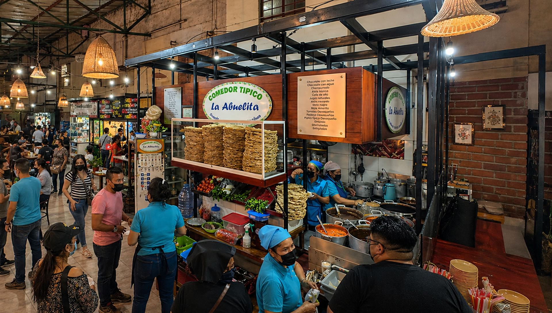 Warm interior view of La Abuelita fonda inside Mercado 20 de Noviembre in Oaxaca, with traditional dishes, family service, and the bustling market atmosphere