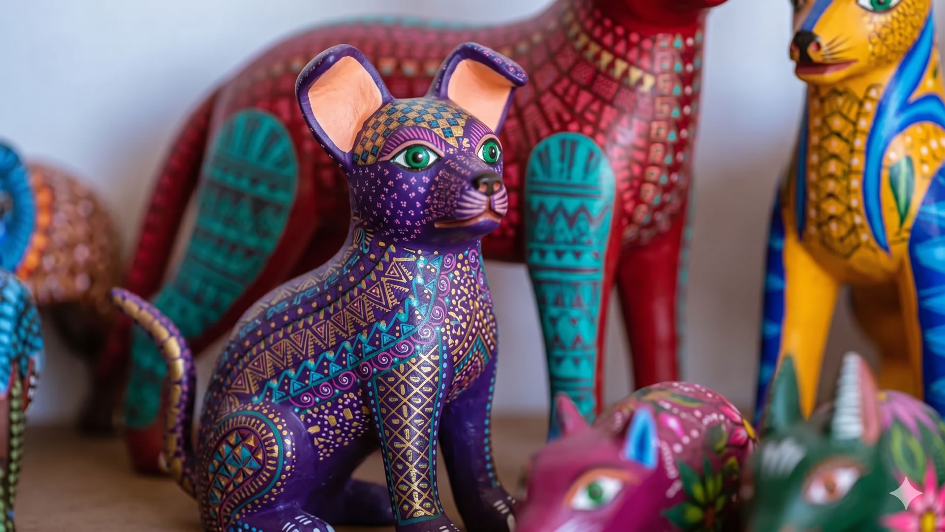 Colorful wooden alebrijes displayed in a family workshop in San Antonio Arrazola, Oaxaca, with intricate carvings and vibrant hand-painted details