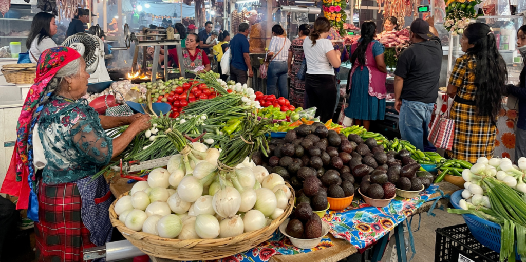 Vibrant scene at a traditional Oaxacan market with colorful produce, handmade crafts, and local vendors under sunny skies in the Central Valleys